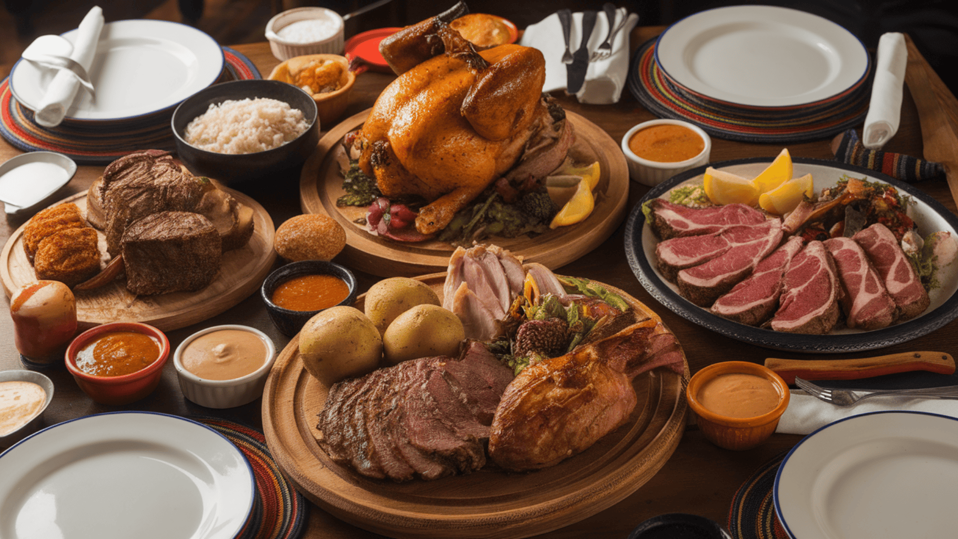 roasted chicken, sliced tender meats, bread loaves, boiled potatoes, white rice, and multiple bowls on a wooden table