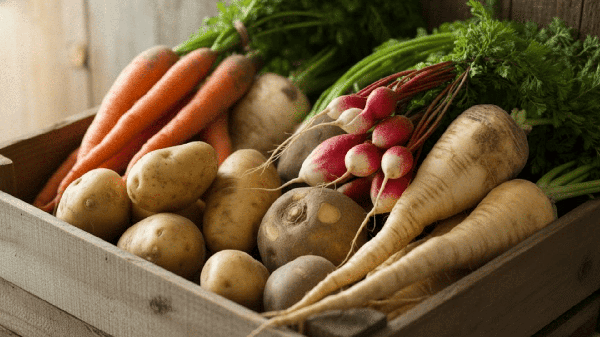root vegetables including carrots, potatoes, radishes, turnips, and parsnips in a rustic wooden crate