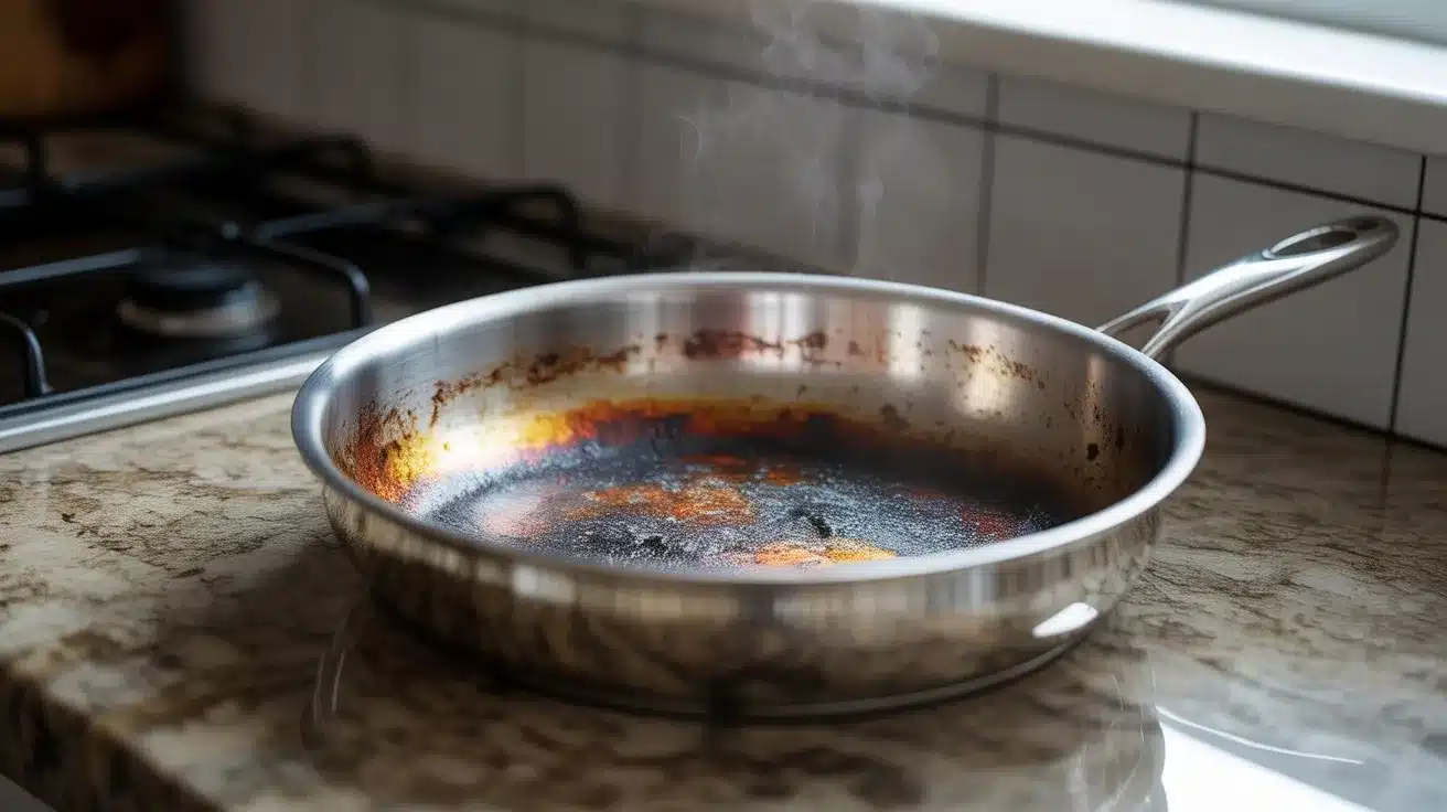 stainless steel frying pan with heavy burnt food residue and steam rising, sitting on kitchen counter near stove burner