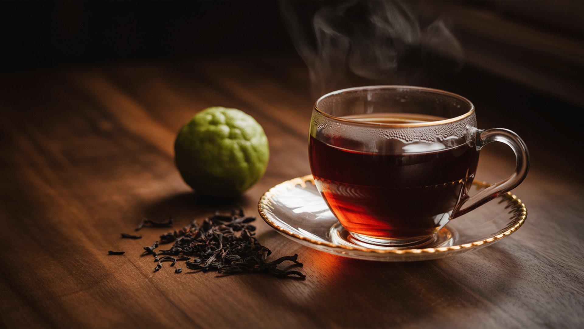 steam rises from a clear glass cup of dark tea, accompanied by a whole bergamot fruit and loose tea leaves on wood