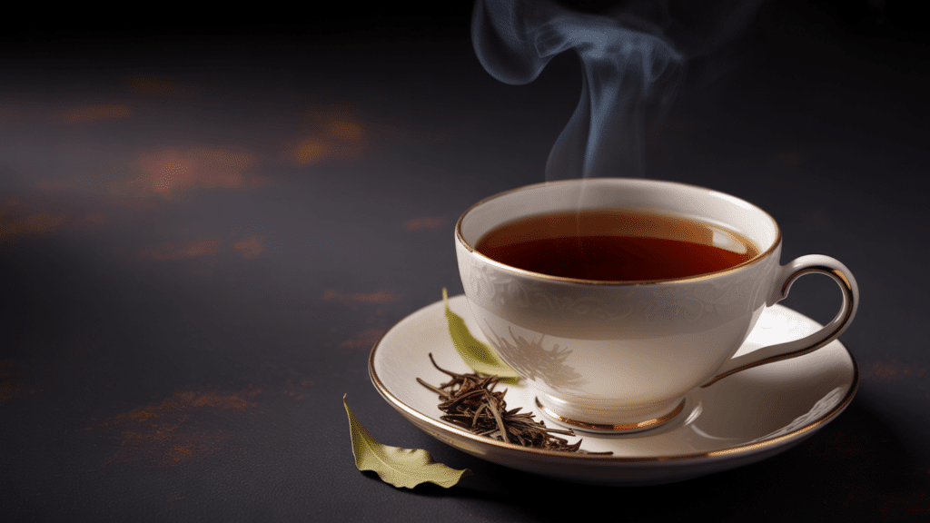 steam rises from a dark amber tea in an elegant white cup, accompanied by dried tea leaves and green foliage