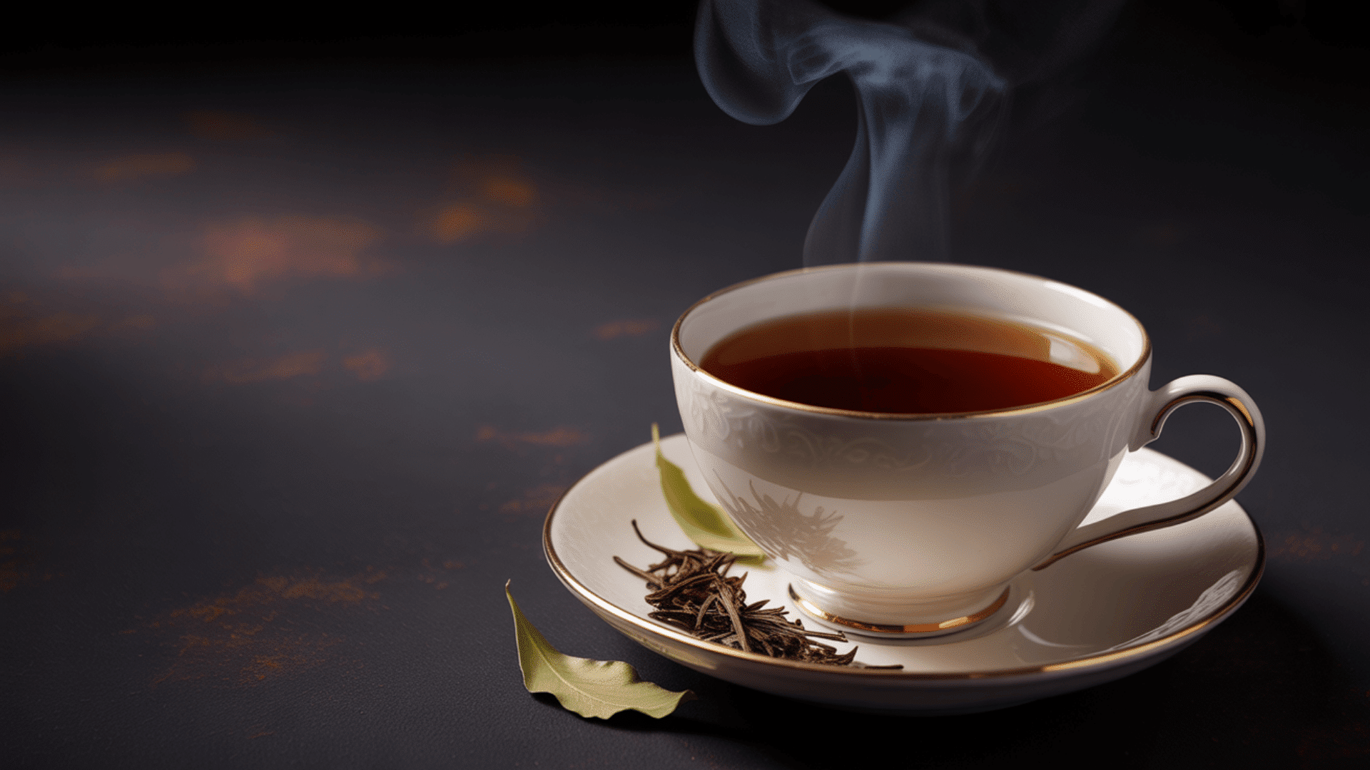 steam rises from a dark amber tea in an elegant white cup, accompanied by dried tea leaves and green foliage
