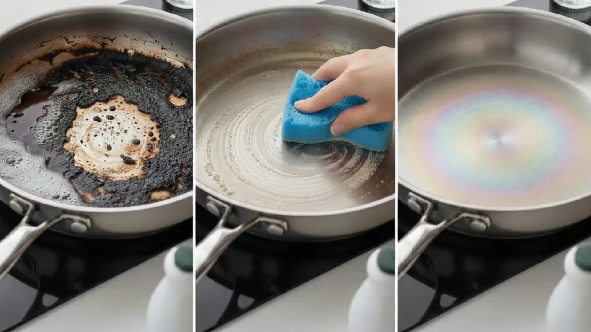 three-panel photo showing burnt pan, brown pan, and rainbow discoloration pan with stationary bottle in corner