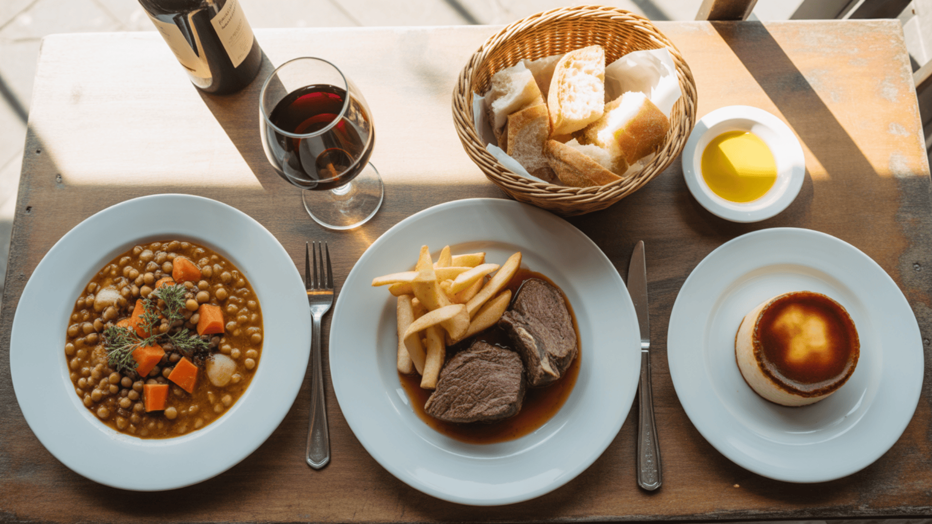 three plates with a lentil stew, braised beef and flan dessert, a basket of bread, a glass of red wine and olive oil
