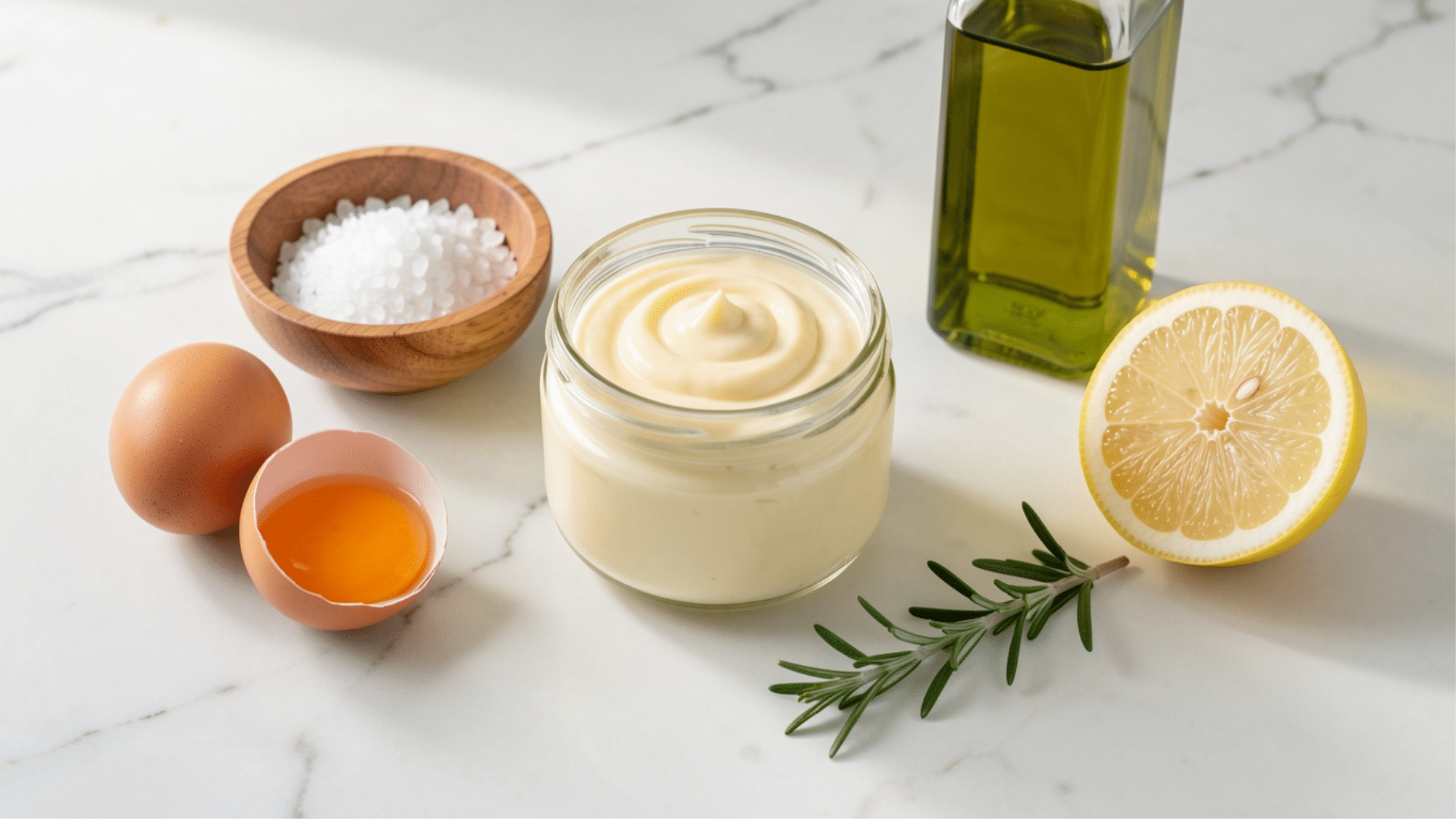 top-down flat-lay of creamy homemade keto mayonnaise in a jar surrounded by fresh eggs, avocado oil, salt, and lemon