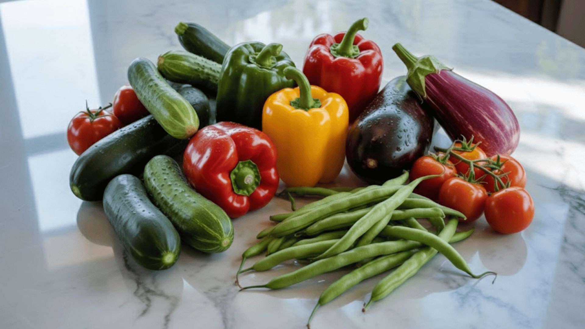 vegetables including red and yellow bell peppers, cucumbers, zucchini, eggplant, ripe tomatoes, and green beans
