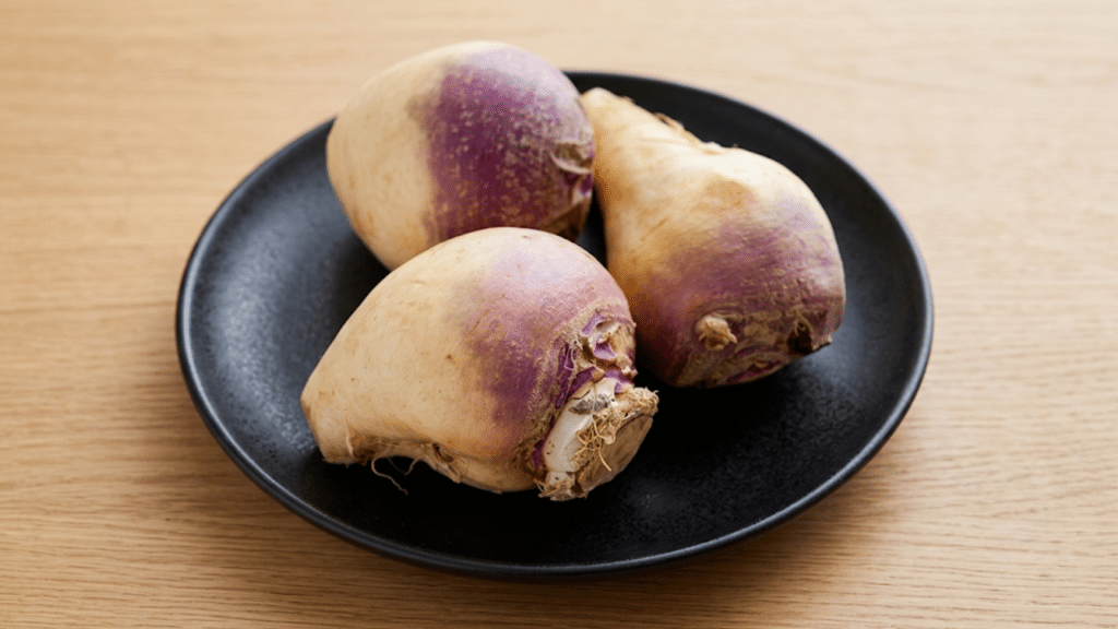 whole rutabagas with purple and tan skin arranged on a black plate on a wooden table ready for cooking