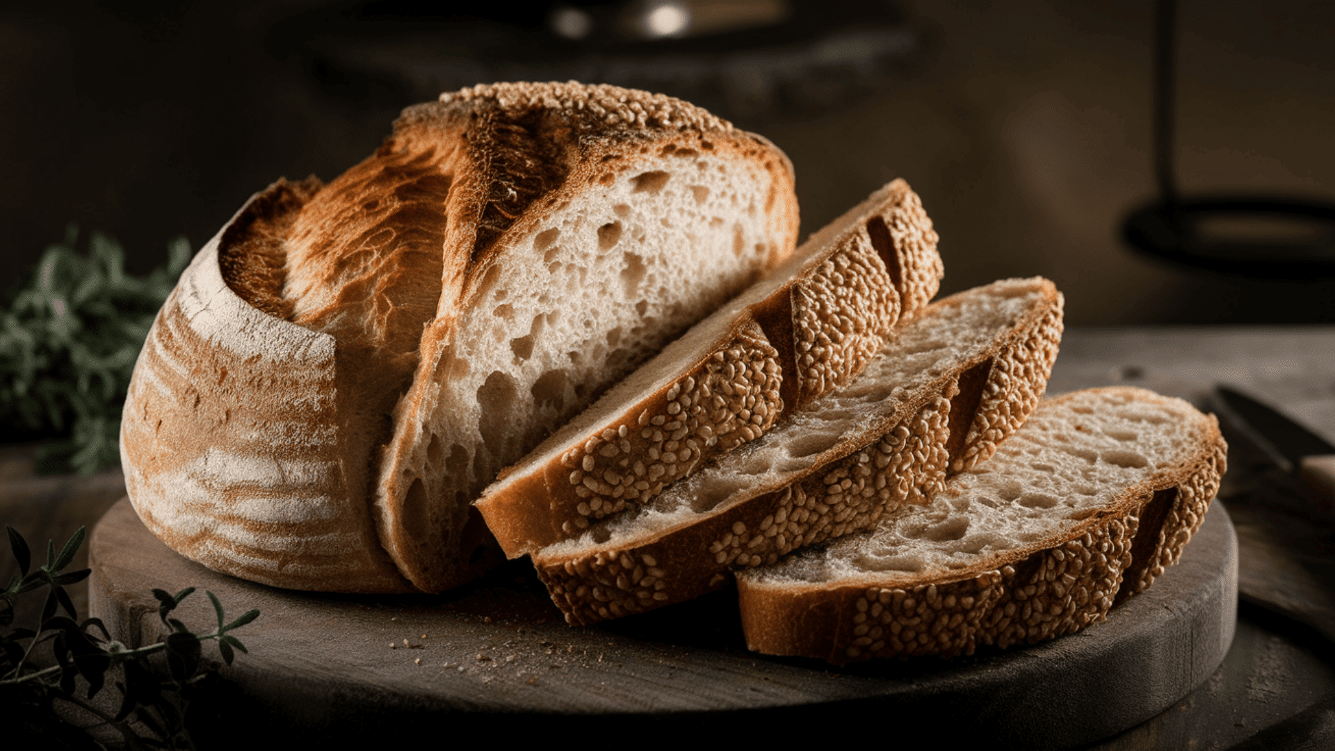 a close-up shot of freshly sliced sesame bread on a wooden cutting board, showcasing its soft interior..