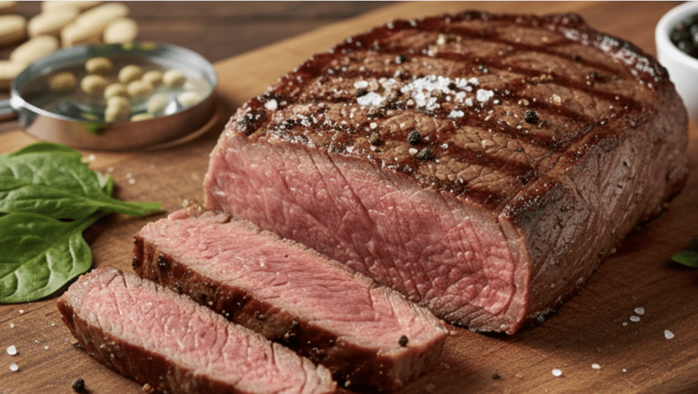 a sliced steak on a wooden board with spinach and supplements, highlighting heme iron and B-vitamins for energy and focus
