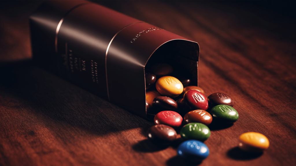 close up photograph of an chocolate candy package tipped over, spilling colorful candies onto a light wooden surface
