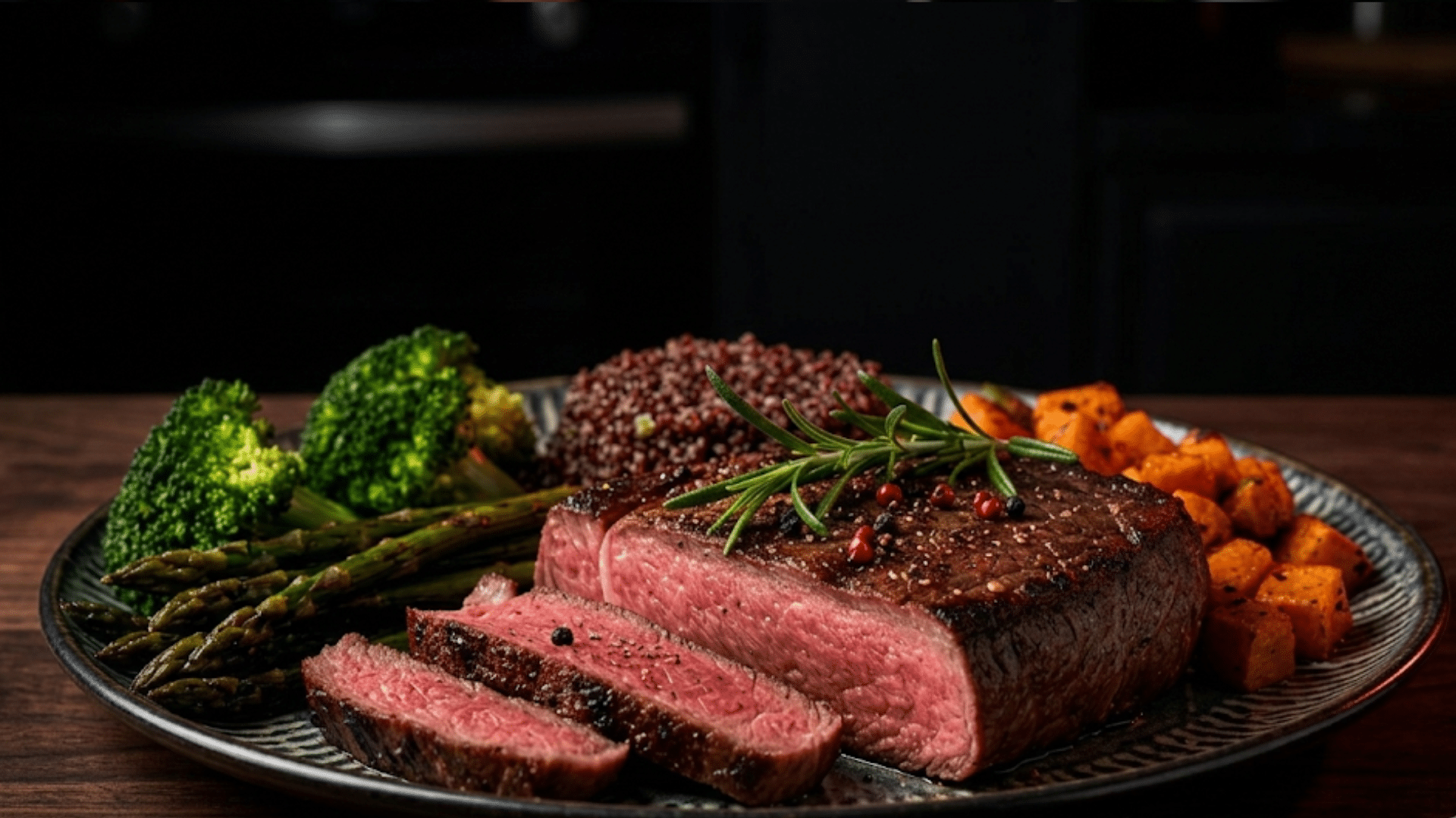 nutritious dish featuring steak, green and roasted veggies