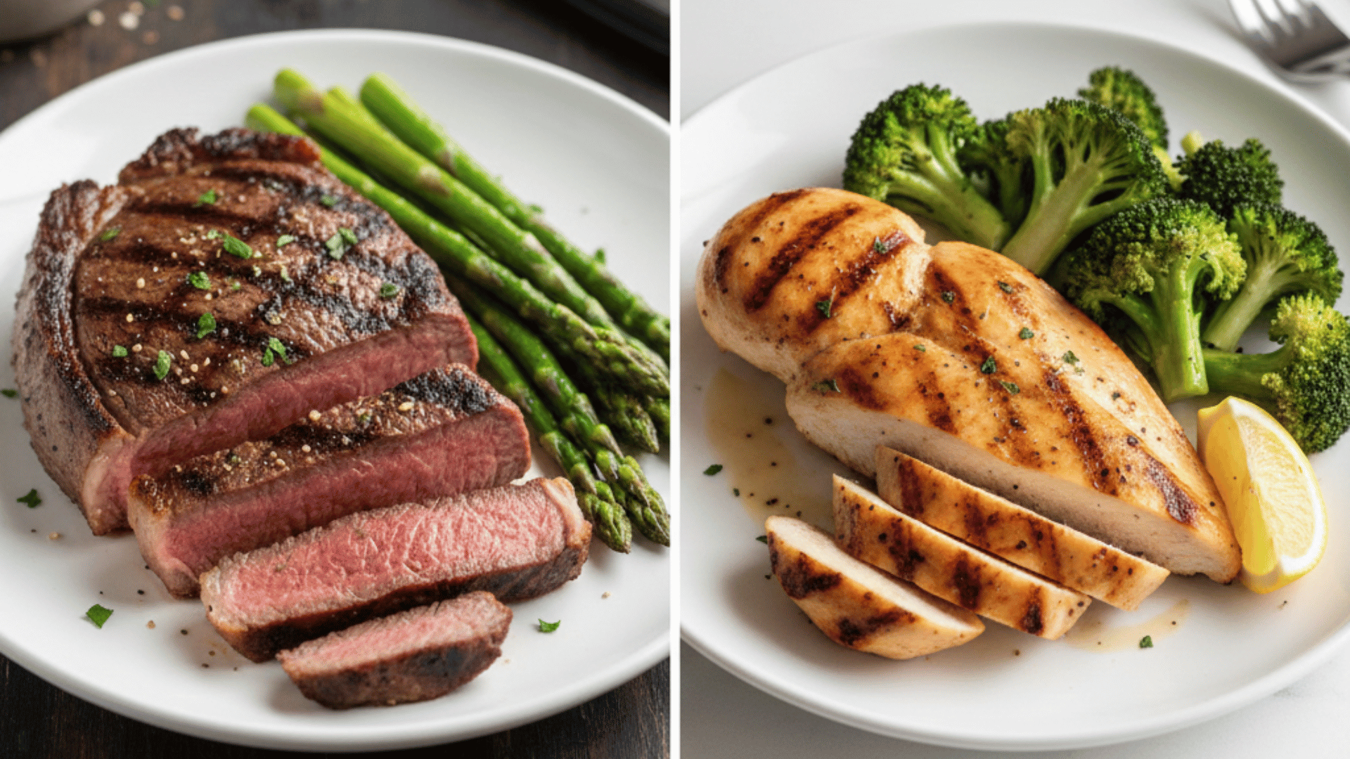 plates of grilled steak with asparagus and grilled chicken with broccoli