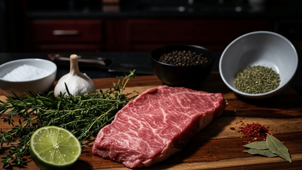 raw steak surrounded by seasoning ingredient on a wooden board