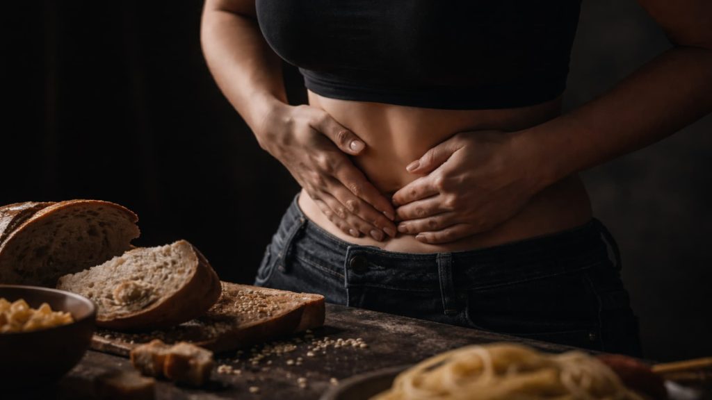 woman holding her stomach in discomfort surrounded by gluten-containing foods like bread and pasta on a dark table