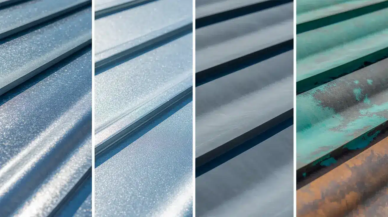 Copper, zinc, aluminum, and steel roof panels displayed side by side with different surface textures