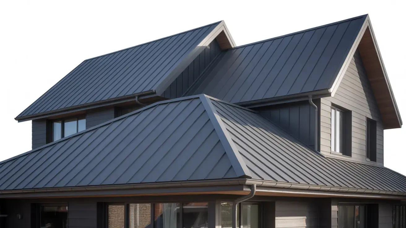 Half view of a house with a modern roof showing angled structure and visible ridges