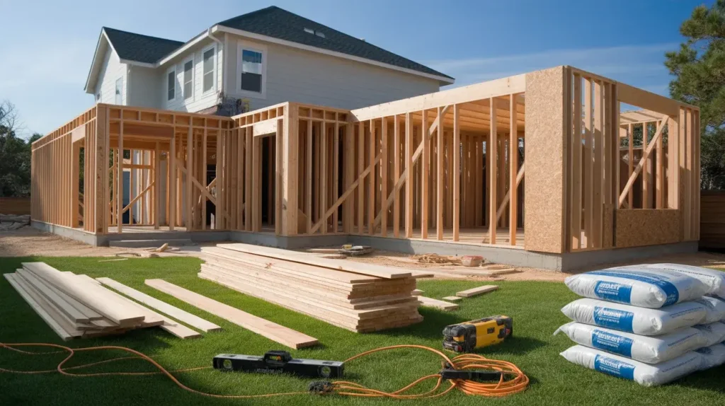 House with new room addition under construction, exposed wooden framing and building materials nearby