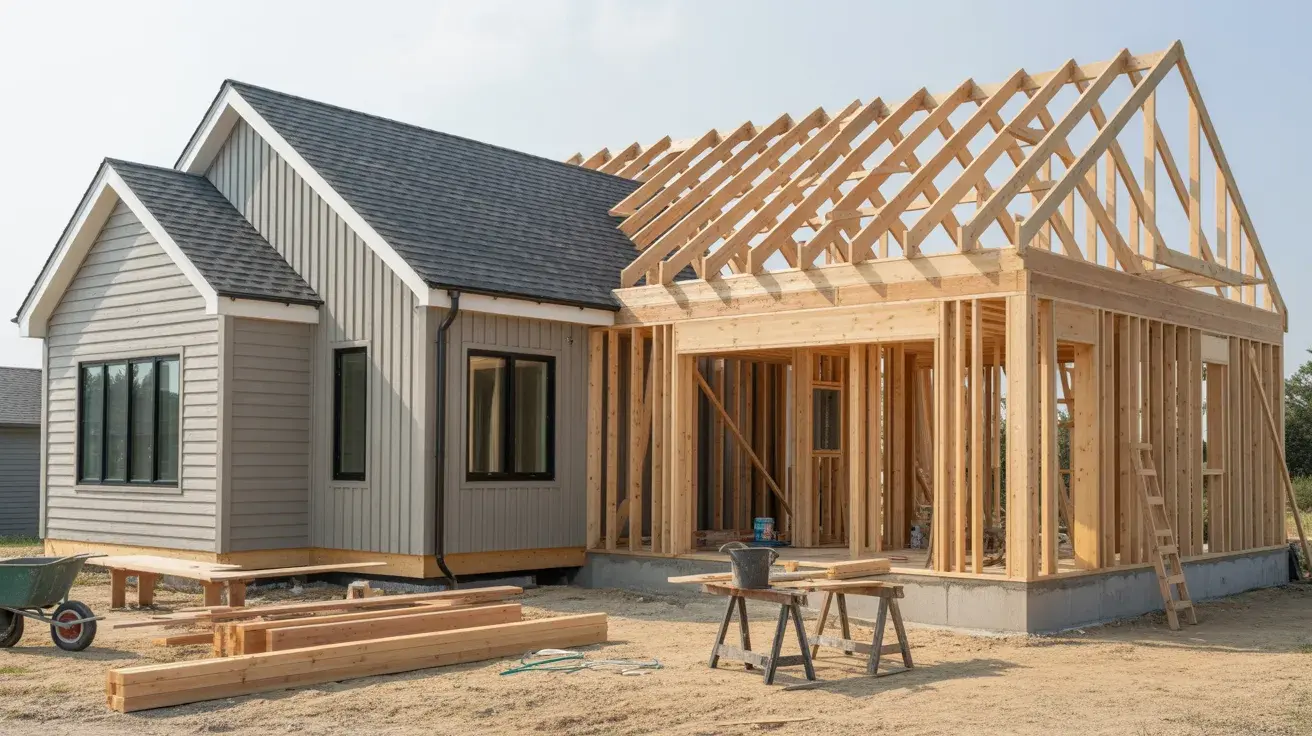 House with partially built room addition showing exposed framing attached to existing structure
