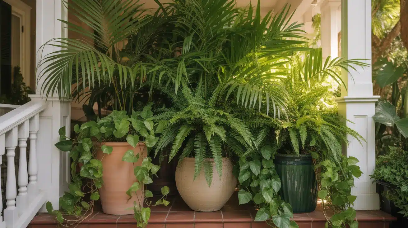 Large terracotta and ceramic pots of varying heights showcase broad-leafed palm fronds and feathery ferns