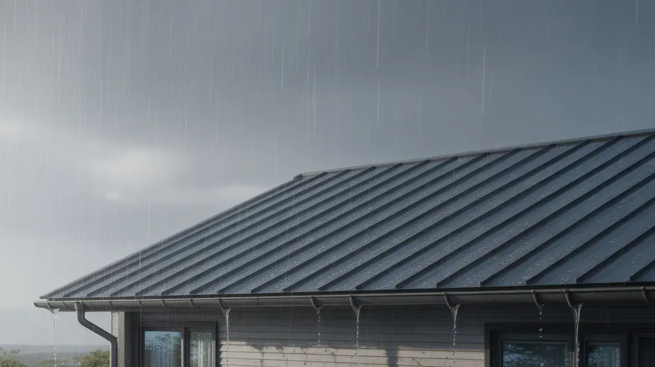 Metal roof with light rain falling and small water runoff along roof edges under cloudy sky