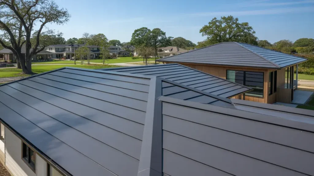 Modern house with standing seam metal roof panels under clear sky