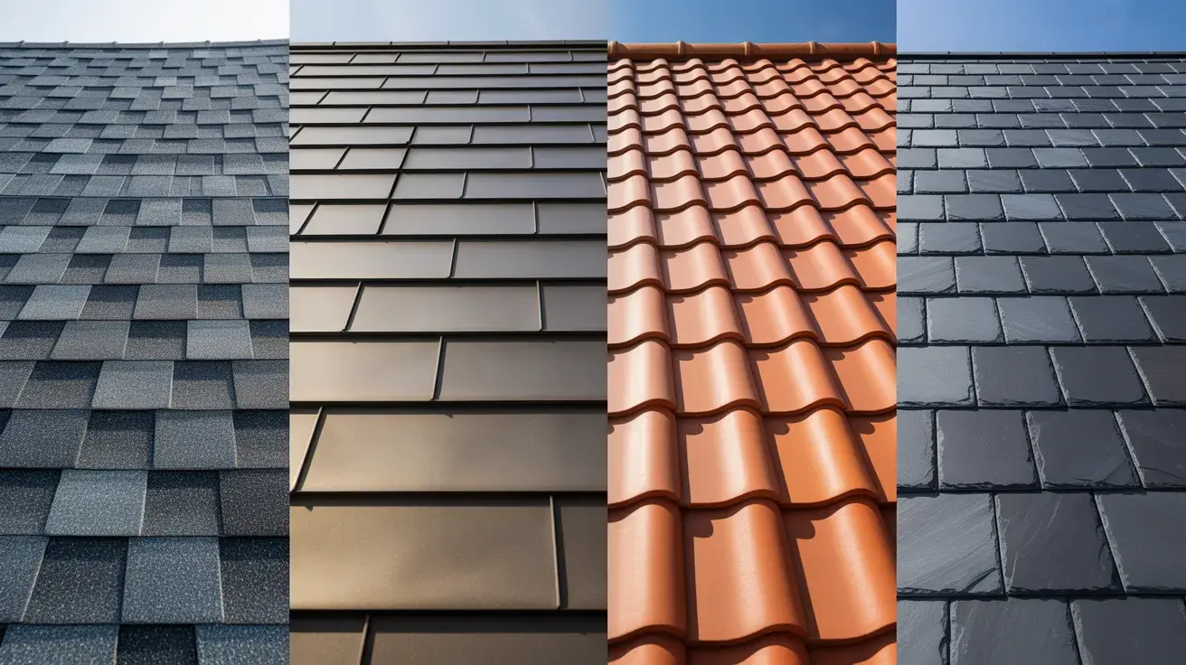 Roof surface divided into sections showing asphalt shingles, metal panels, clay tiles, and slate materials