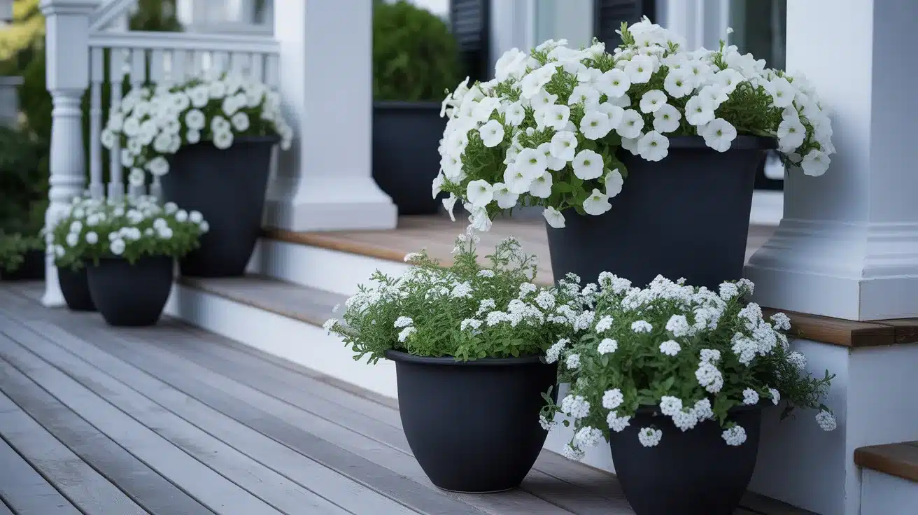 Several sleek black ceramic pots of varying heights are arranged along the porch steps and railings, overflowing with pristine white petunias and delicate white alyssum blooms