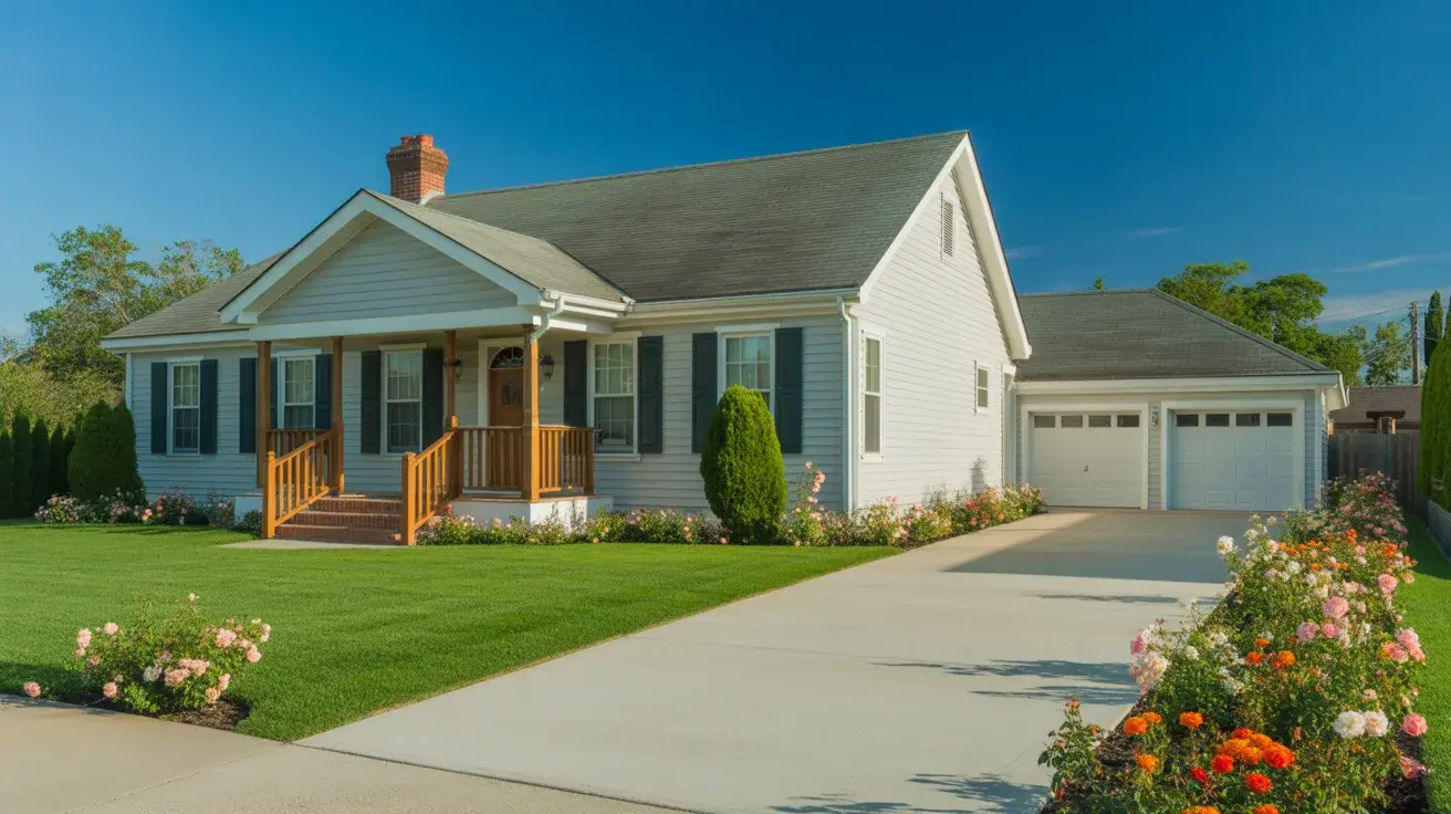 Single house exterior with driveway and front yard under clear sky