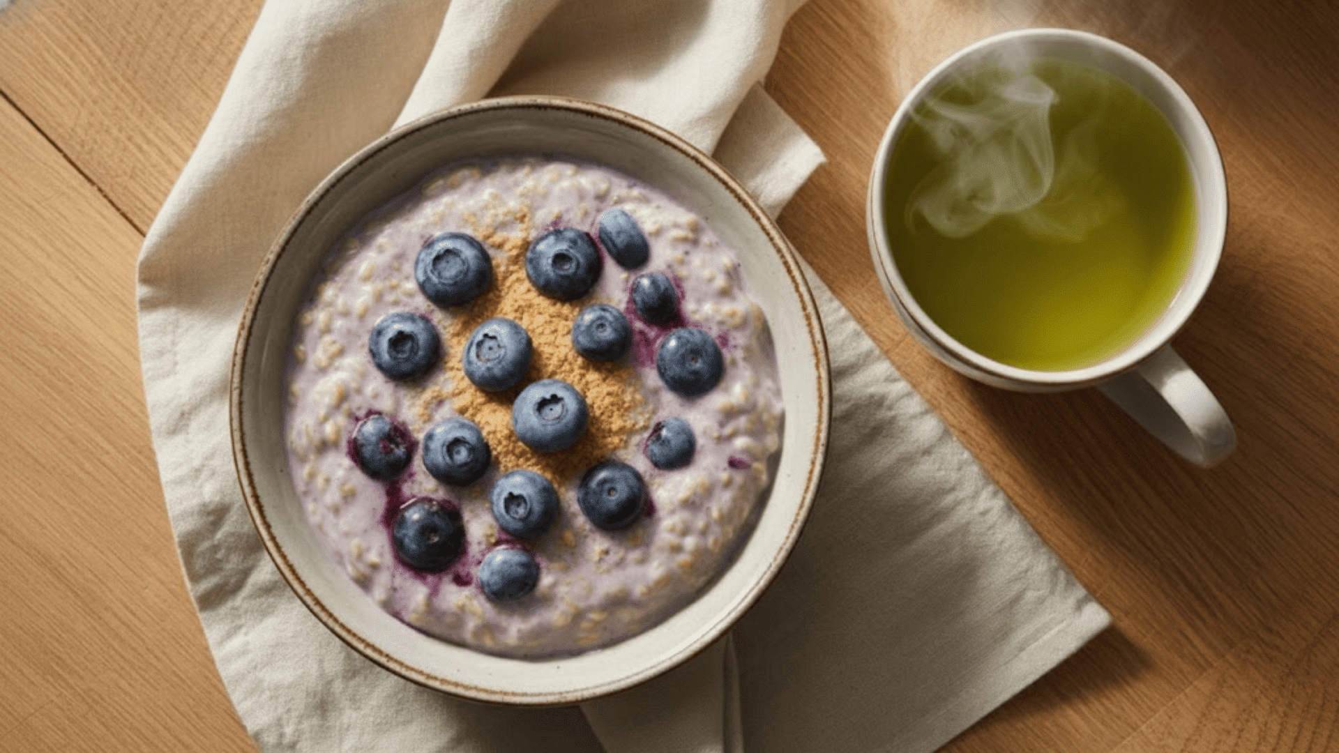 a bowl of overnight oats tooped with blueberries and a sprinkle of ground flaxseed, with a cup of green tea