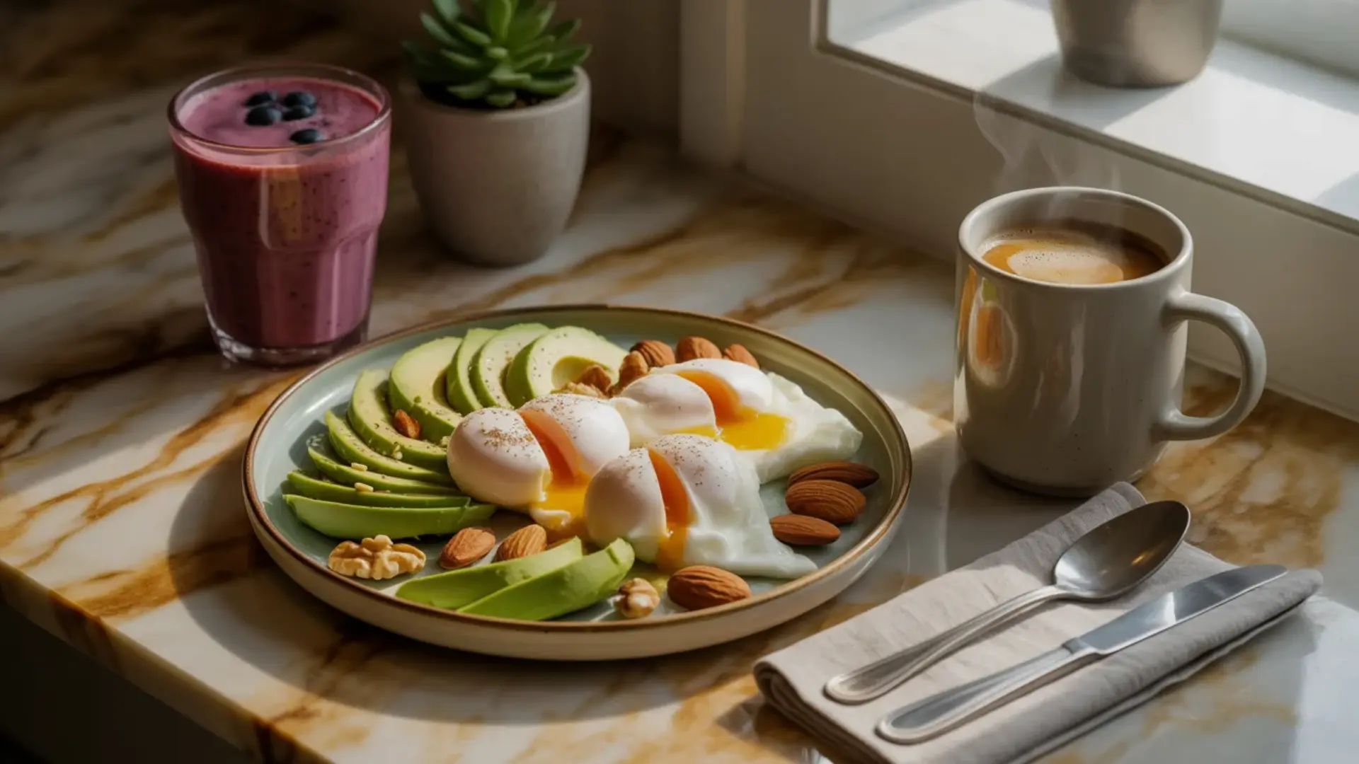 a breakfast plate with poached eggs, avocado slices, and almonds next to a berry smoothie and a steaming cup of coffee