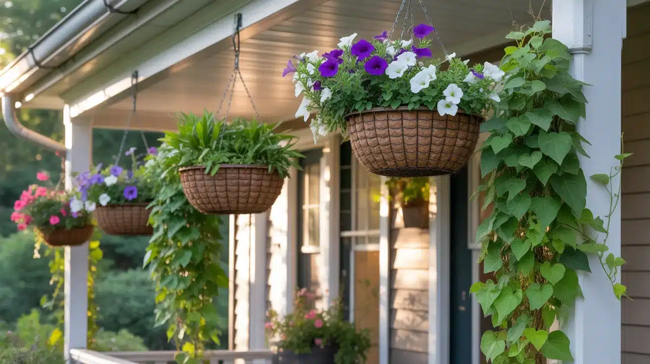 a charming front porch featuring multiple hanging baskets suspended from the ceiling and porch roof