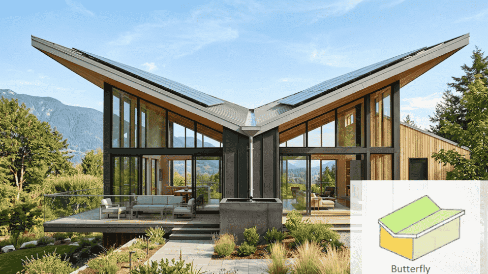 a classy house in the mountain with the butterfly shape with a view