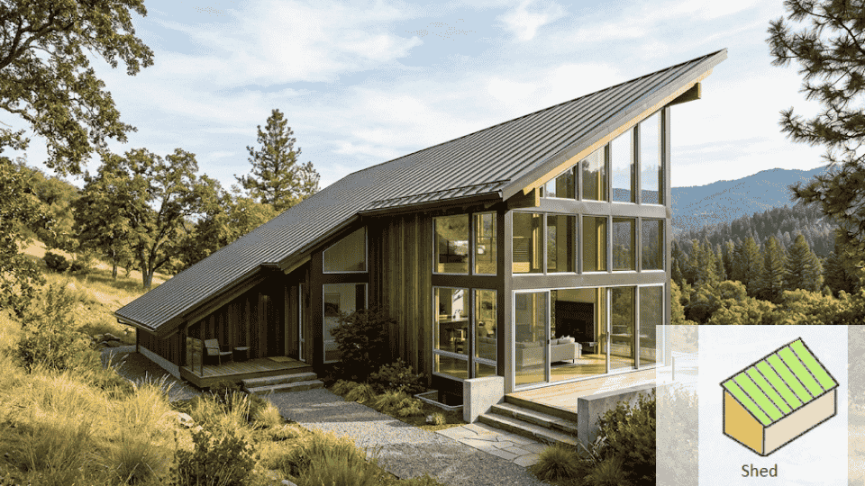 a classy house in the mountain with the shed shape with a view