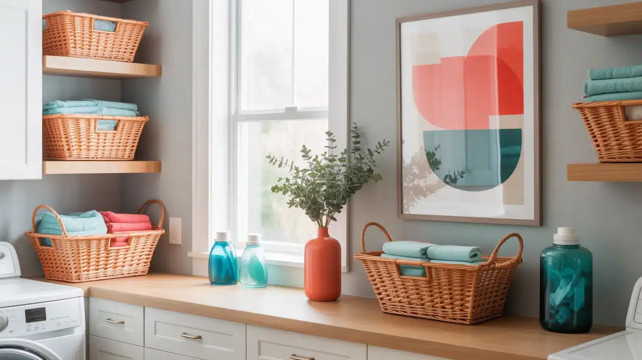 a clean, organized laundry room featuring a neutral color palette with strategic pops of vibrant coral and teal blue