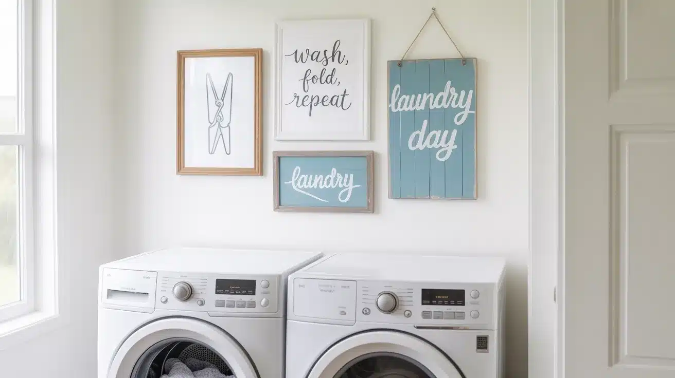 a clean, organized laundry room featuring simple DIY wall decor above a white washing machine and dryer