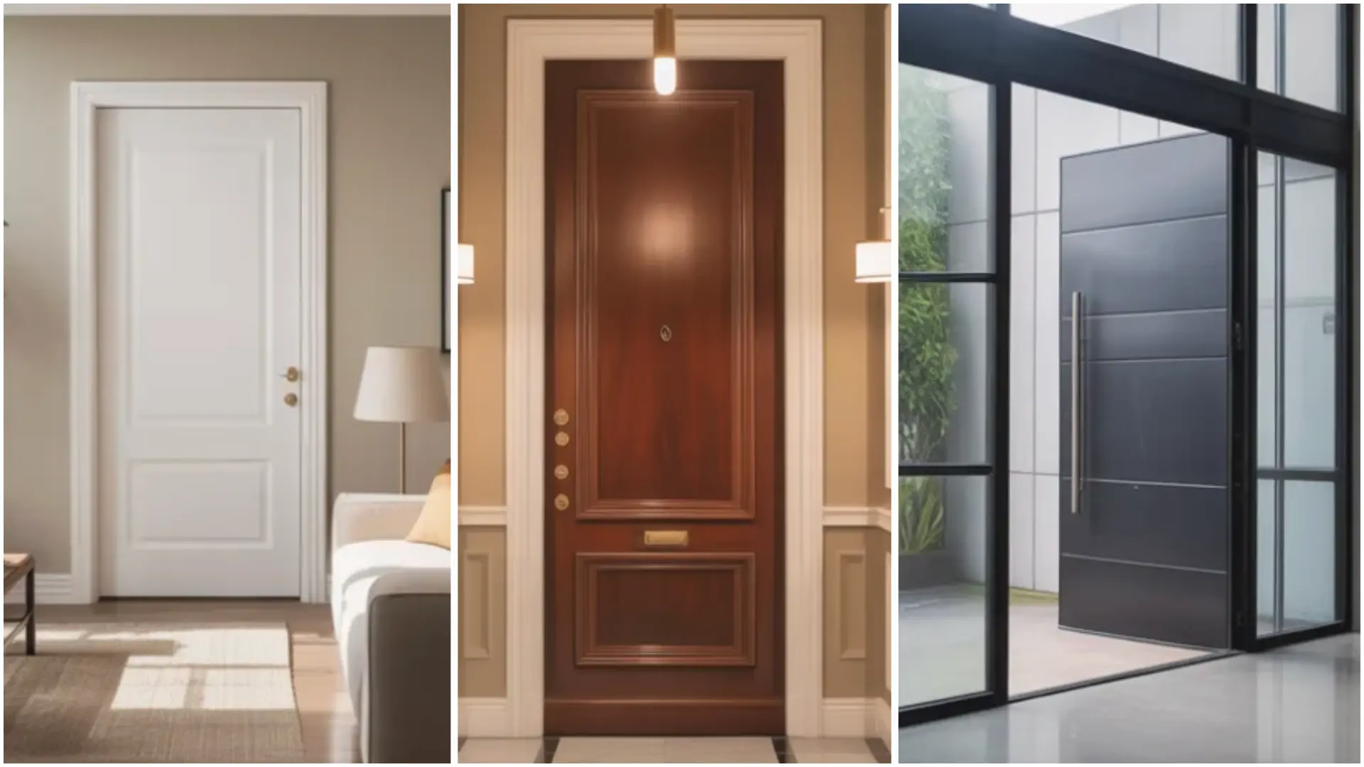 a collage of three doors featuring a standard white door, a dark mahogany entry door, and a modern glass door