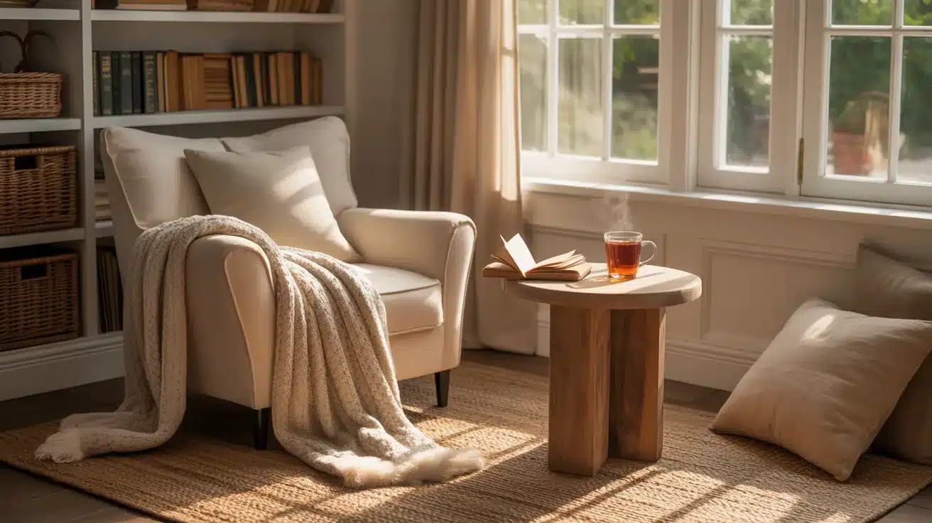 a cozy reading nook nestled in a bright 3-season room corner, featuring a plush cream-colored armchair with a soft knitted throw blanket draped over one arm
