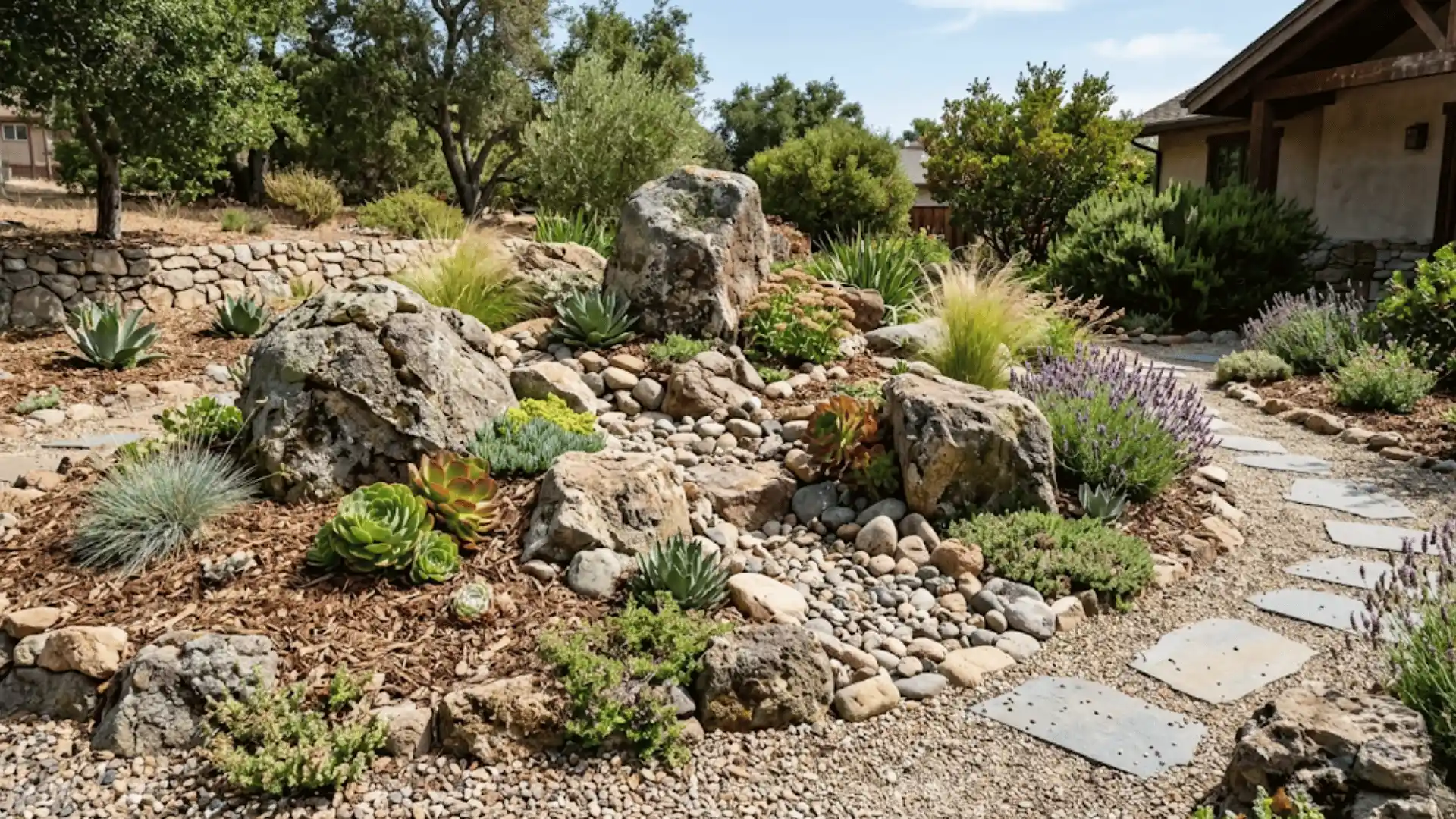 a cute picture of number of rocks and plants with house in the background
