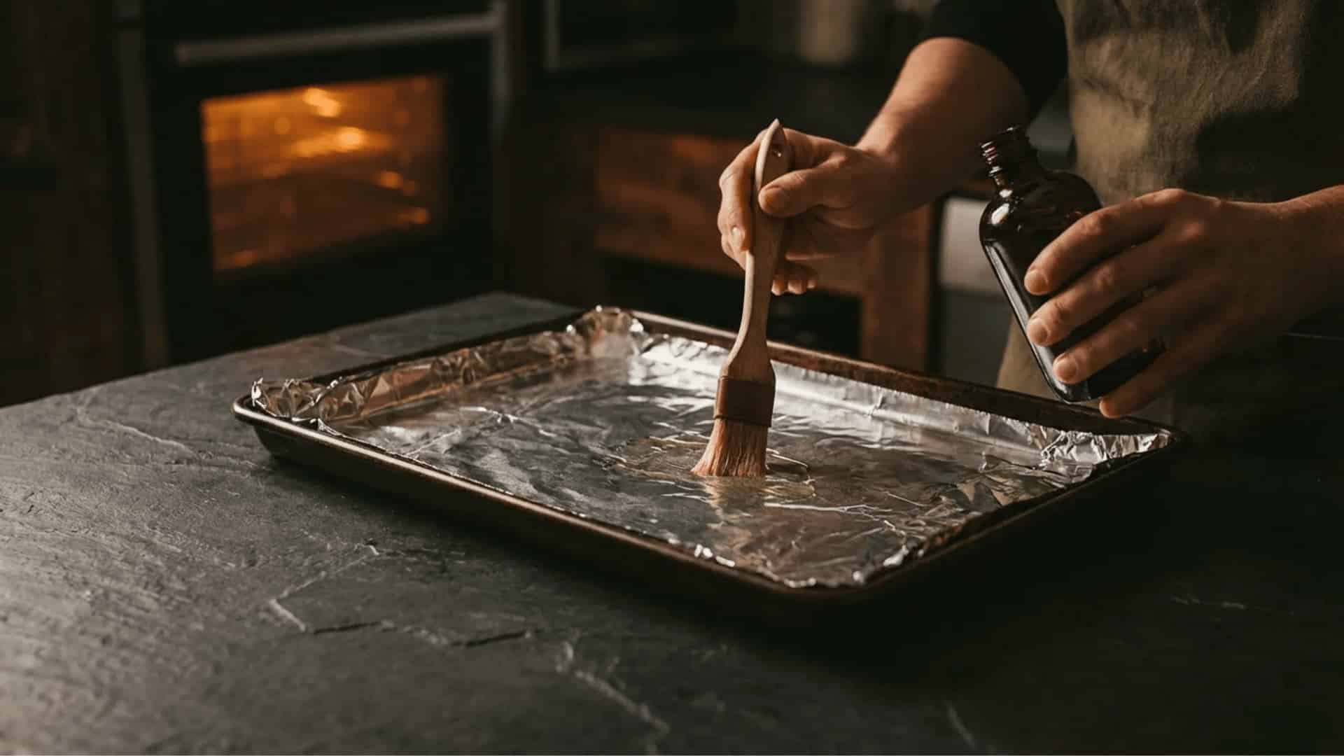 a foil lined dark sheet pan being lightly coated with oil on a dark slate countertop near a glowing oven