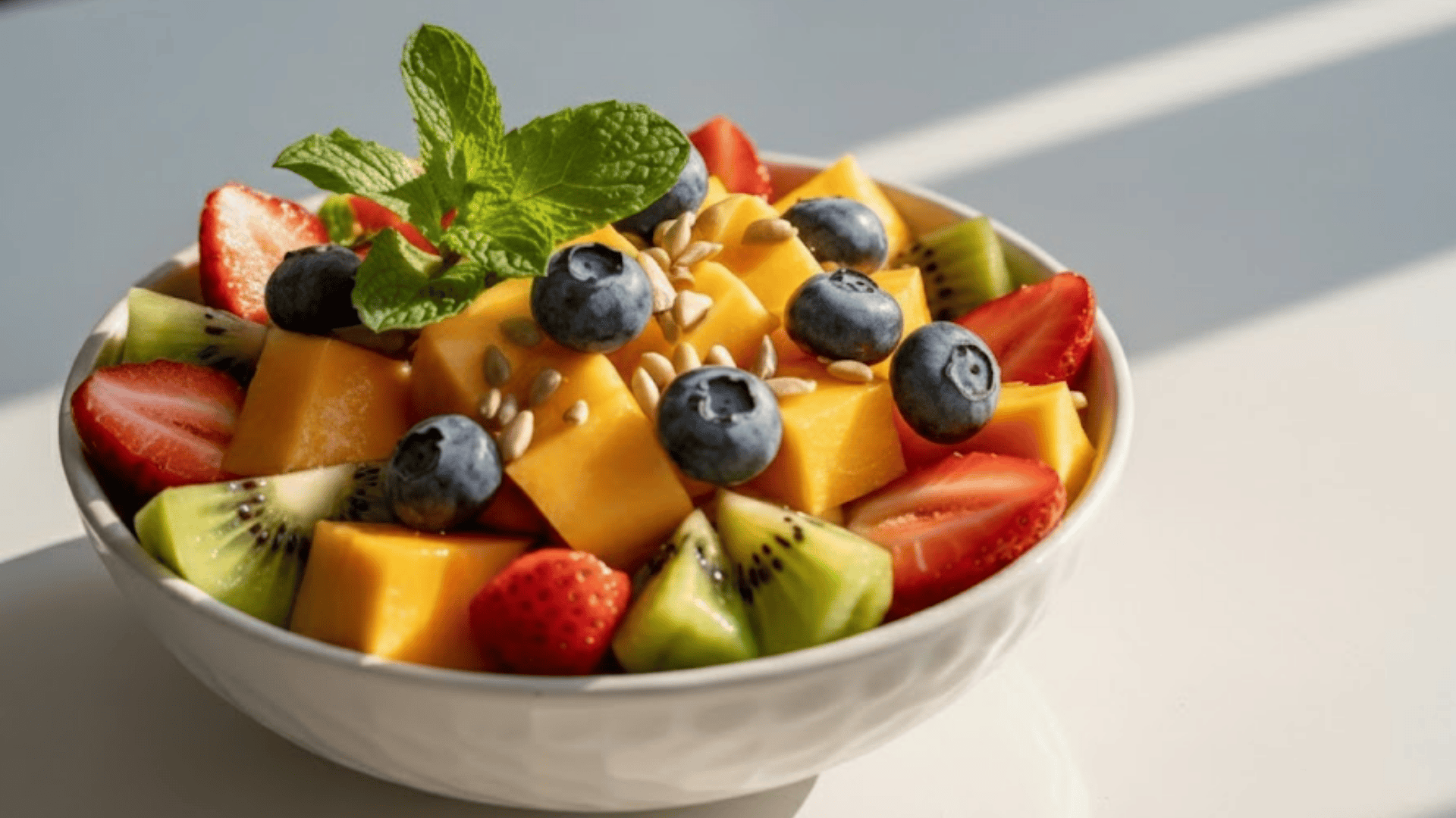 a fruit salad bowl with cubed papaya, mixed berries, kiwi slices, sunflower seeds and fresh mint leaves