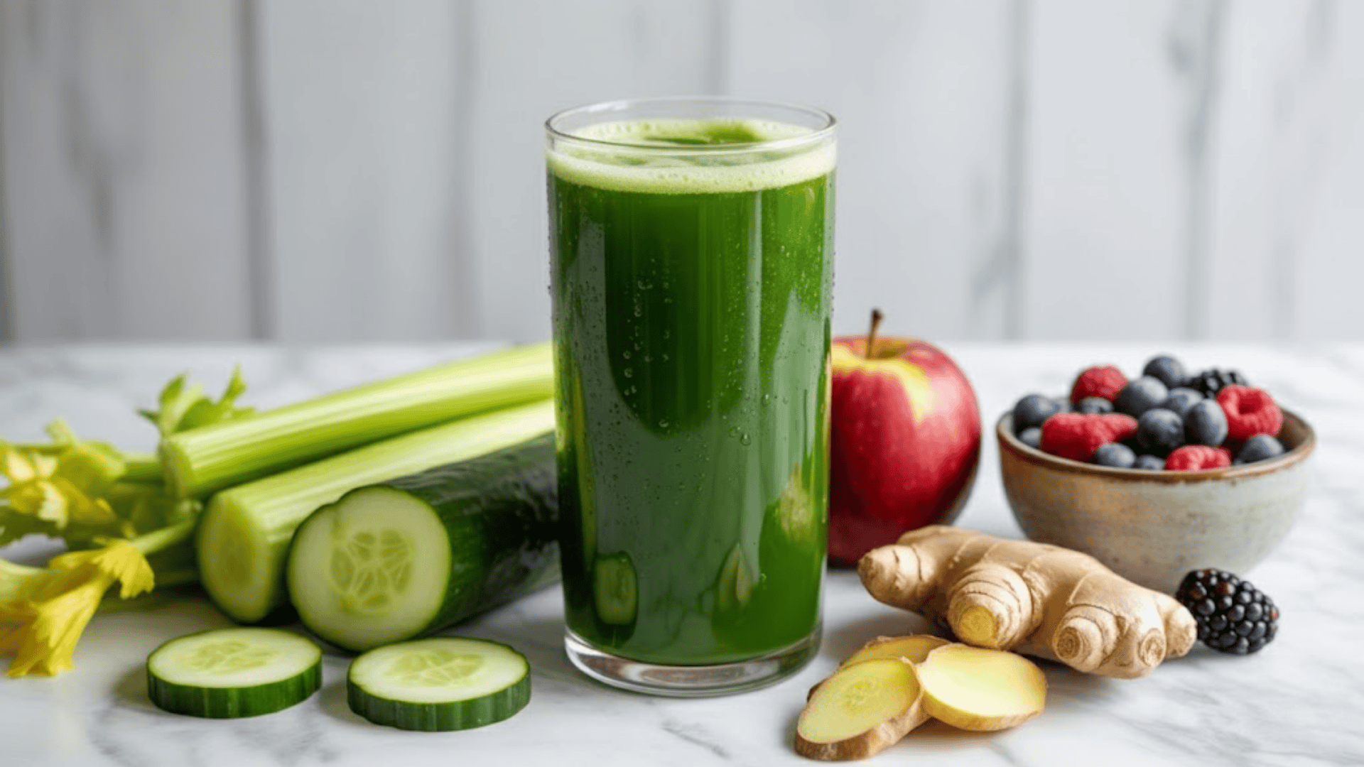 a glass of green detox juice with celery, cucumber, apple, ginger, and a small bowl of mixed berries on the side