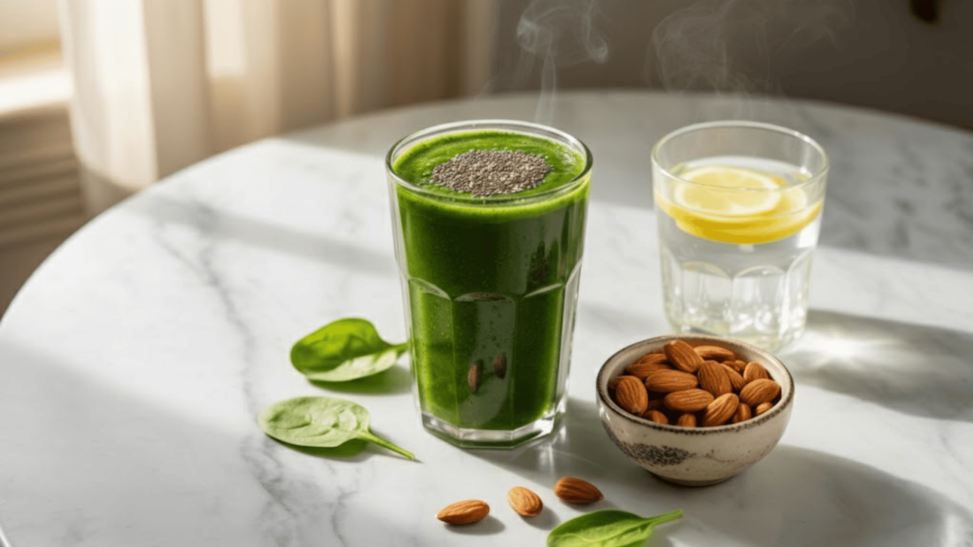 a green smoothie in a glass with chia seeds on top, alongside a bowl of raw almonds and a glass of warm lemon water