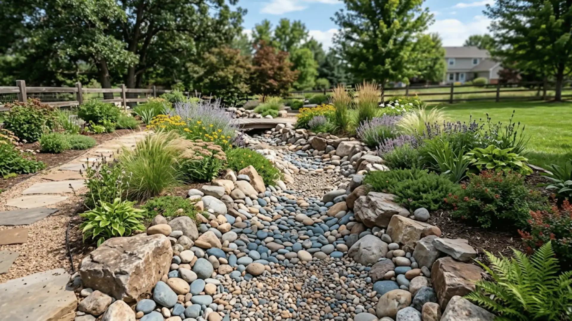 a high quality beauty picture of the dry rock bed lack with the plants arounds