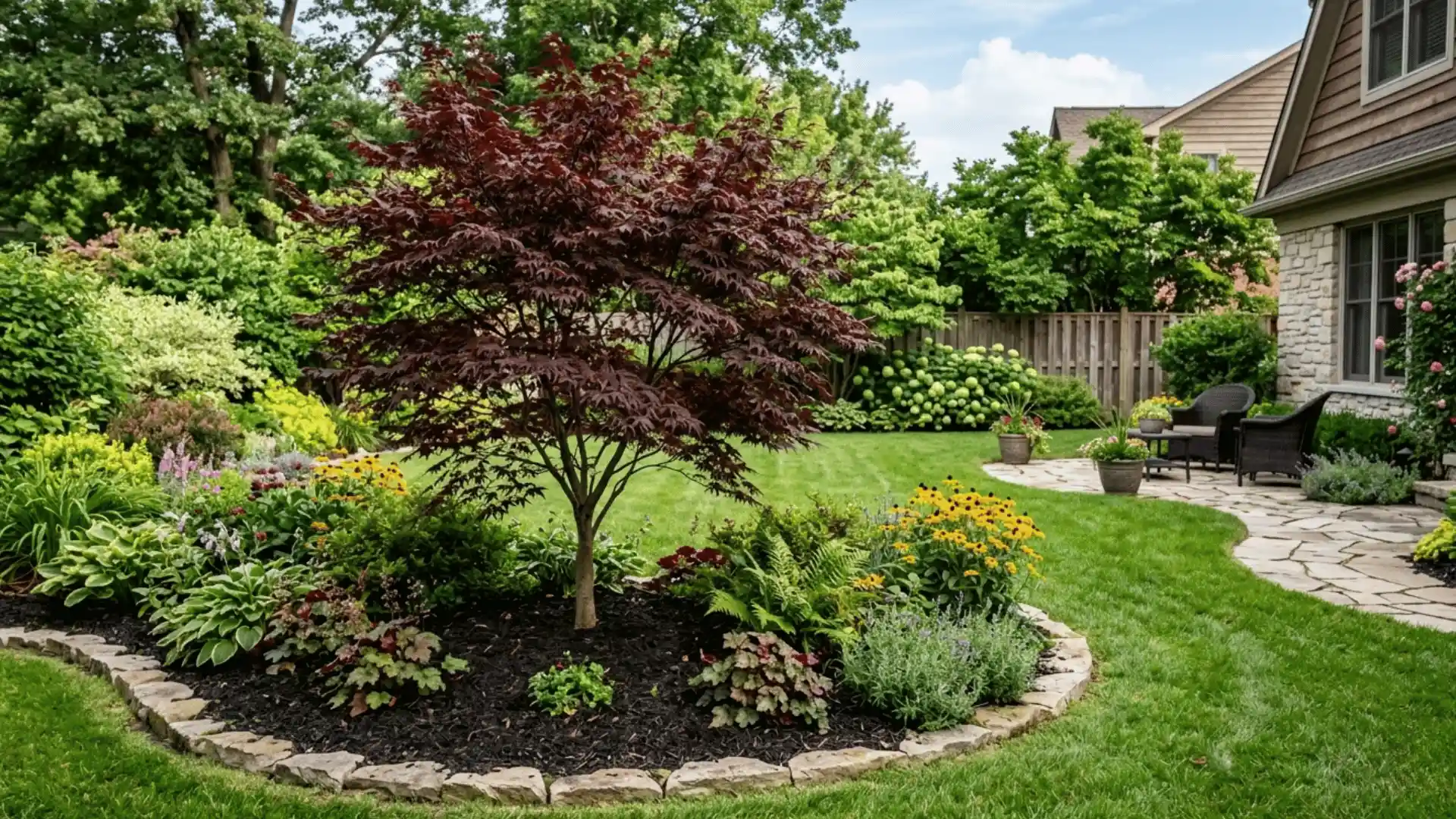 a high quality picture of a grown tree in the yard with other small plants