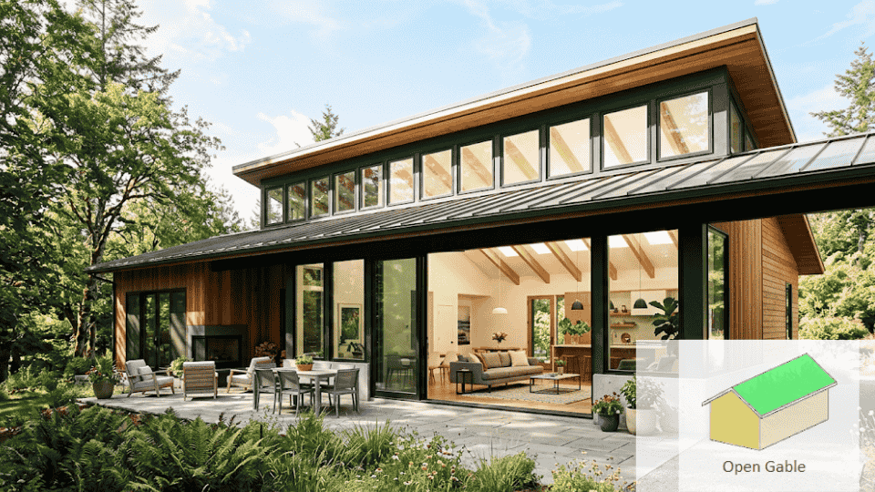 a high quality picture of a open gable house with an big glass door showing inside stuff.