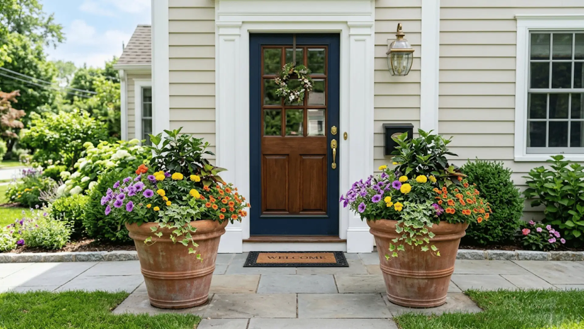a high quality picture of house with two big flower pots on the either sides with same color