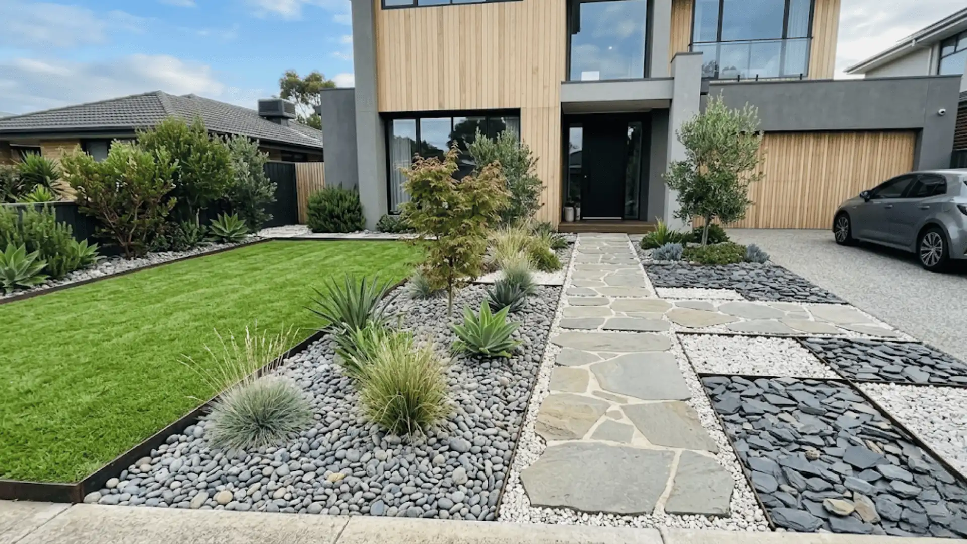 a high quality picture showing the parking space with rock and car parked