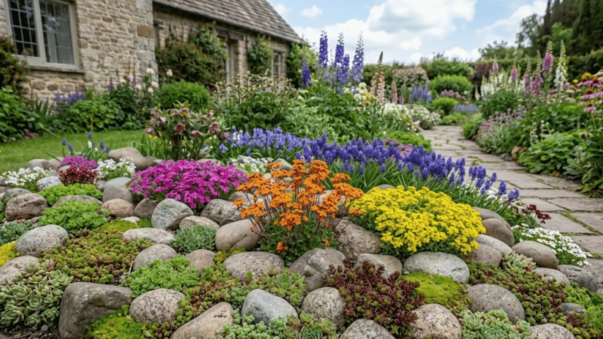a low angle picture of plants and rocks in different with houses behind and a clear sky