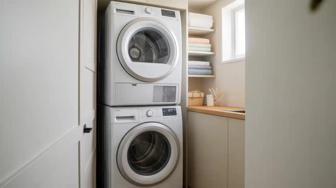 a modern laundry room featuring a white front-loading washer and dryer stacked vertically in a corner configuration
