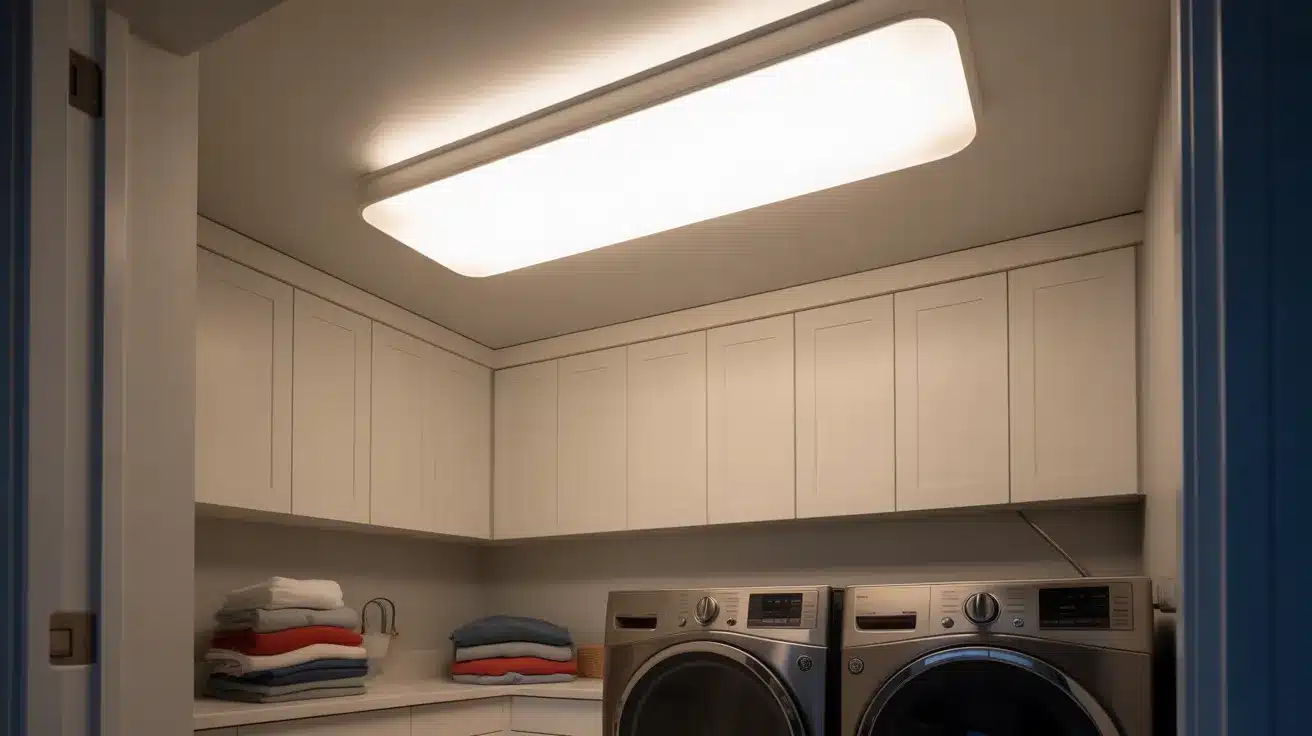 a modern laundry room featuring bright, even ceiling lighting that illuminates the entire space